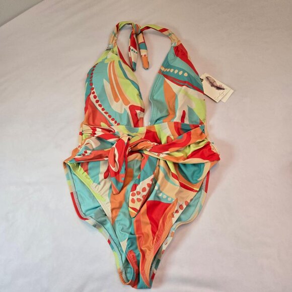 JESSICA SIMPSON Women's Plunge Neck One Piece Swimsuit Sz: S Multi Color - Picture 8 of 12
